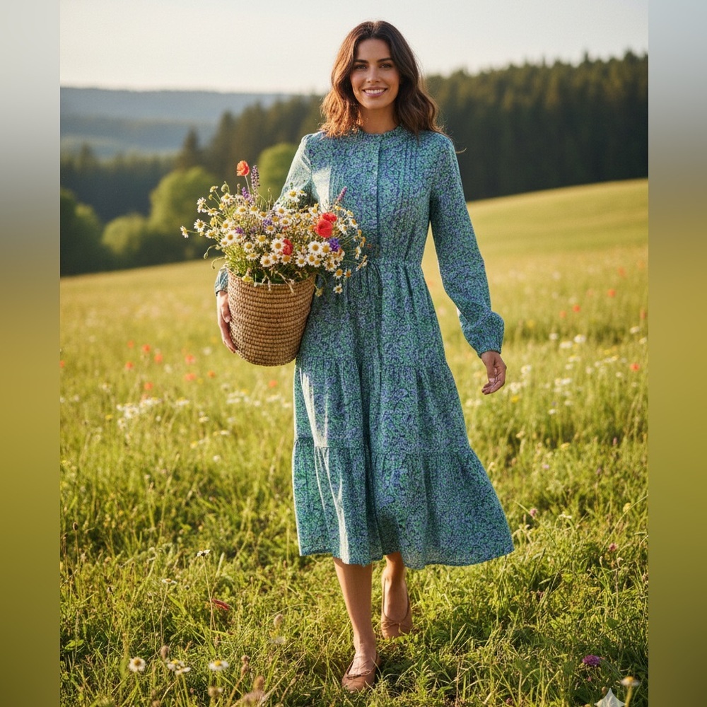DownEast Blue Floral Long Sleeve Dress Blue &‎ Green Maxi Dress Size Large New!